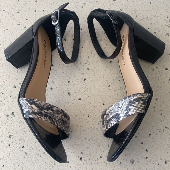CL by Laundry Women's Black Block Heel Snake Print Open Toe Sandals Size 7.5 EUC - Picture 4 of 10